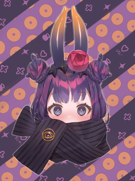 Anime picture 2111x2832 with virtual youtuber hololive hololive english ninomae ina'nis ninomae ina'nis (4th costume) oekakikei single tall image blush highres purple hair upper body grey eyes hair bun (hair buns) official alternate costume covered mouth braided bun striped background tentacle hair girl