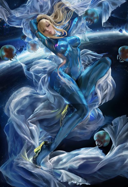 Anime picture 2395x3500 with metroid samus aran metroid (creature) sakimichan single long hair tall image looking at viewer fringe highres breasts blue eyes light erotic blonde hair large breasts payot full body bent knee (knees) ponytail parted lips