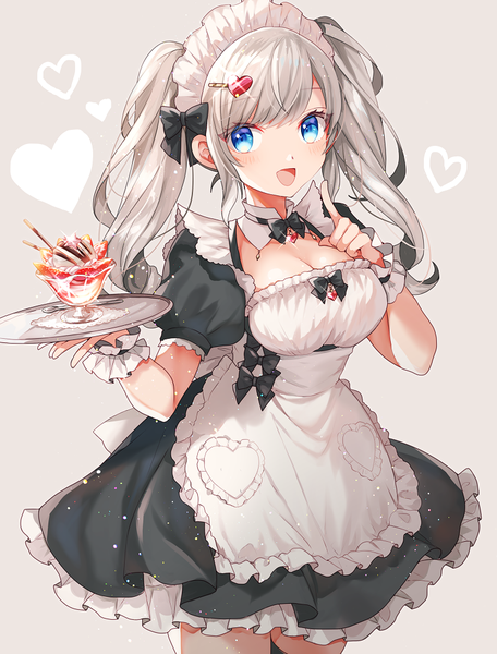 Anime picture 760x1000 with original shione (memento forest) single long hair tall image breasts open mouth blue eyes twintails cleavage silver hair :d grey background maid girl uniform hair ornament food headdress heart