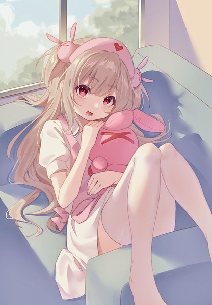 Anime picture 1610x2322 with virtual youtuber sana channel natori sana tazaki yokka single long hair tall image looking at viewer fringe blonde hair hair between eyes red eyes indoors two side up girl thighhighs hair ornament white thighhighs window toy