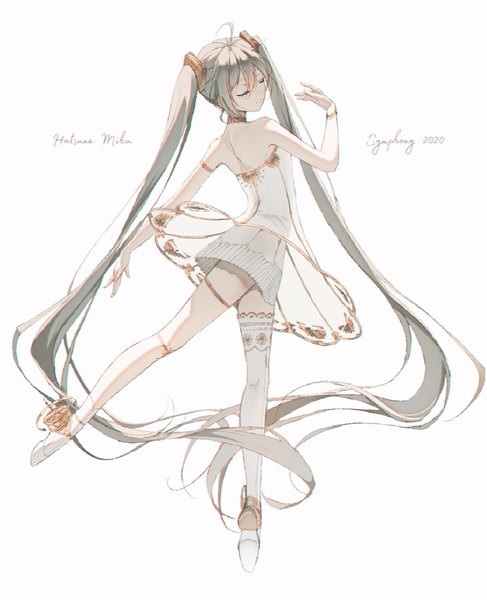 Anime picture 1512x1861 with vocaloid miku symphony (vocaloid) hatsune miku gramophone miku osage single tall image fringe simple background hair between eyes white background twintails full body ahoge eyes closed very long hair grey hair character names 2020 asymmetrical legwear