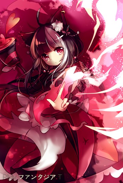 Anime picture 1181x1748 with original pixiv fantasia pixiv fantasia t cha usagi laki single long hair tall image looking at viewer fringe red eyes animal ears ahoge light smile outstretched arm pointing girl hair ornament