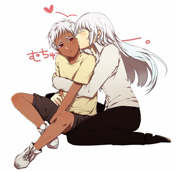 Anime picture 1000x969 with jormungand white fox koko hekmatyar johnathan mar long hair blush short hair open mouth simple background red eyes white background white hair eyes closed dark skin kiss girl boy shirt shorts