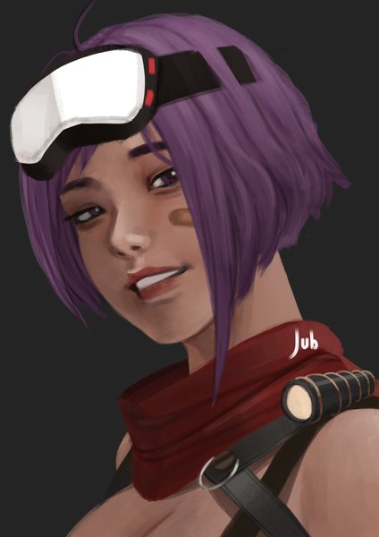 Anime picture 2480x3508 with original fore farlone (jubi) jubi (regiana) single tall image looking at viewer highres short hair purple eyes signed cleavage purple hair parted lips dark skin portrait dark background goggles on head girl scarf goggles