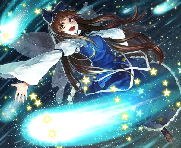 Anime picture 1220x1000 with touhou star sapphire benitama single long hair open mouth brown hair looking away magic spread arms flying shooting star fairy girl dress bow hair bow wings star (symbol) star (stars)