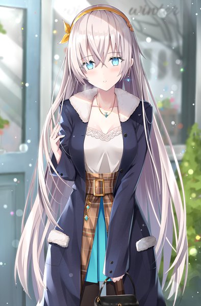 Anime picture 807x1227 with fate (series) fate/grand order anastasia (fate) rin yuu single long hair tall image looking at viewer blush fringe breasts blue eyes hair between eyes standing silver hair outdoors long sleeves parted lips pleated skirt blurry