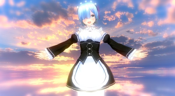 Anime picture 1200x658 with re:zero kara hajimeru isekai seikatsu white fox rem (re:zero) shidzuki single looking at viewer blush fringe short hair breasts open mouth blue eyes wide image standing blue hair sky cloud (clouds) hair over one eye maid tears