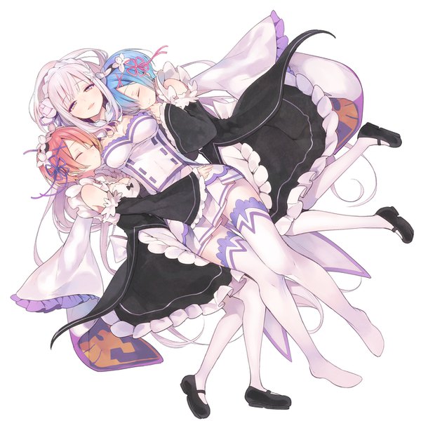 Anime picture 1358x1358 with re:zero kara hajimeru isekai seikatsu white fox rem (re:zero) emilia (re:zero) ram (re:zero) hiyo kiki long hair fringe short hair simple background white background purple eyes multiple girls blue hair pink hair silver hair full body eyes closed hair flower maid