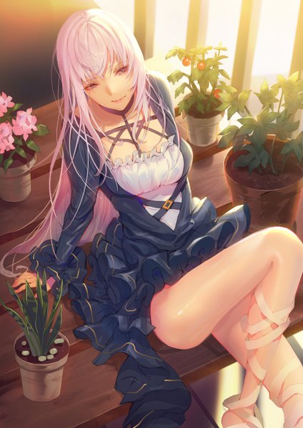 Anime picture 615x871 with original lloule single long hair tall image fringe light erotic sitting purple eyes pink hair bent knee (knees) from above arm support girl dress plant (plants) potted plant