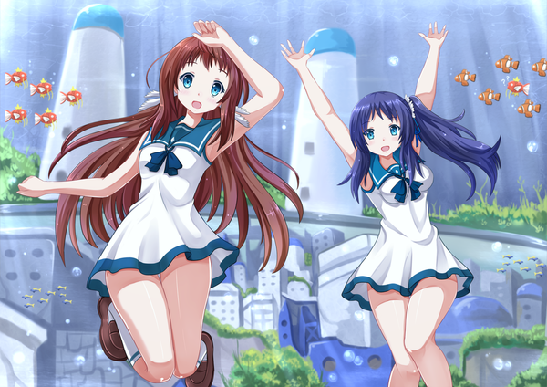 Anime picture 1900x1343 with nagi no asukara p.a. works hiradaira chisaki mukaido manaka kazenokaze long hair looking at viewer blush highres open mouth brown hair multiple girls blue hair underwater girl uniform 2 girls school uniform fish (fishes)