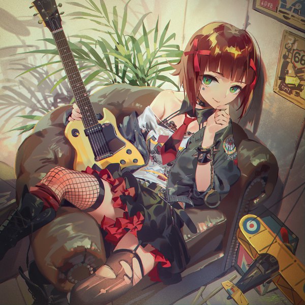 Anime-Bild 800x800 mit idolmaster amami haruka jofang single looking at viewer fringe short hair smile brown hair sitting bare shoulders green eyes indoors blunt bangs open jacket torn clothes reclining frilly skirt hand on face different thighhighs