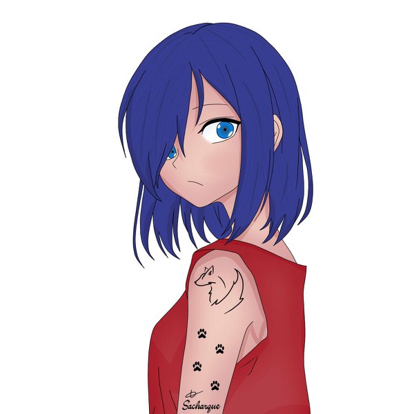 Anime picture 1200x1200 with original sacharque single looking at viewer fringe short hair blue eyes simple background white background signed blue hair upper body hair over one eye tattoo sleeveless paw print girl