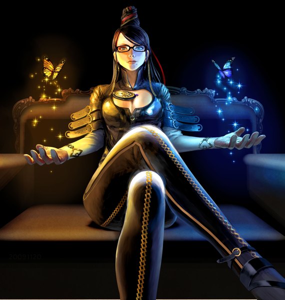 Anime picture 1899x2000 with bayonetta bayonetta (character) royxiii single long hair tall image highres blue eyes black hair sitting open clothes mole open shirt girl ribbon (ribbons) hair ribbon earrings glasses insect butterfly