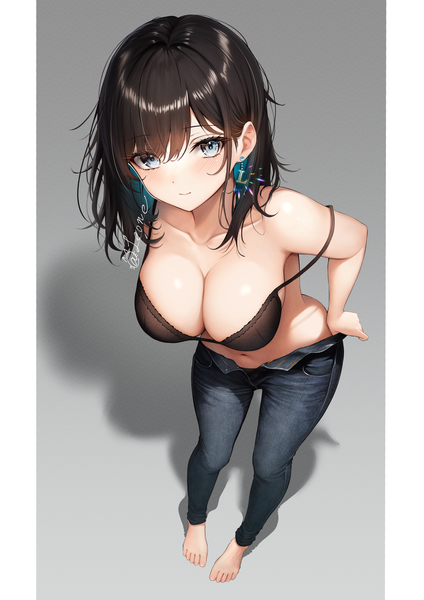 Anime picture 3473x4911 with original leone (kamina0205) single long hair tall image looking at viewer blush fringe highres breasts light erotic black hair simple background hair between eyes large breasts standing signed absurdres full body barefoot