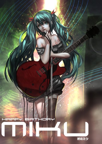 Anime picture 1816x2564 with vocaloid hatsune miku baka (mh6516620) single long hair tall image looking at viewer highres twintails bare shoulders aqua eyes aqua hair girl thighhighs dress single thighhigh guitar microphone stand electric guitar