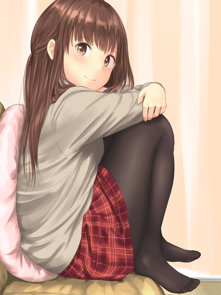 Anime picture 788x1050 with original minagiku single long hair tall image looking at viewer blush fringe smile brown hair brown eyes bent knee (knees) indoors no shoes plaid skirt leg hug girl skirt uniform school uniform