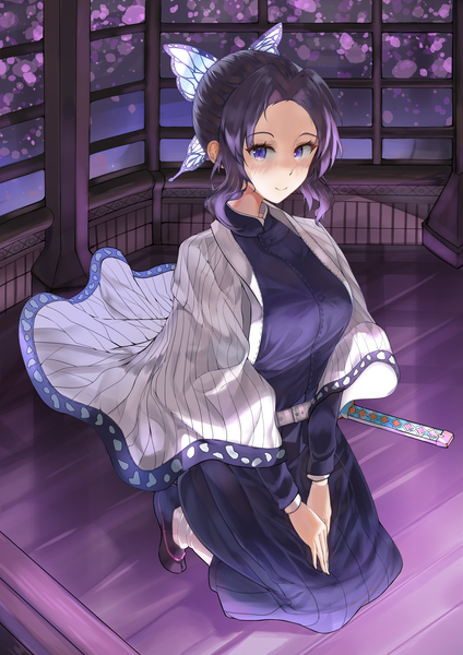 Anime picture 3307x4677 with kimetsu no yaiba ufotable kochou shinobu maanu single tall image looking at viewer blush highres short hair breasts large breasts sitting purple eyes payot absurdres purple hair full body indoors traditional clothes