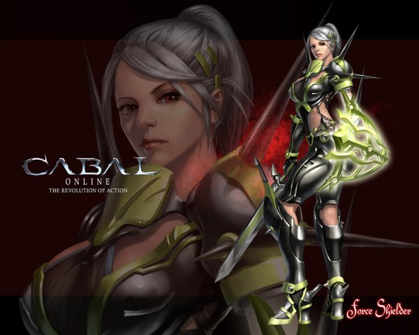 Anime picture 1280x1024 with cabal online single red eyes silver hair ponytail inscription zoom layer girl hair ornament weapon sword hairclip armor shield
