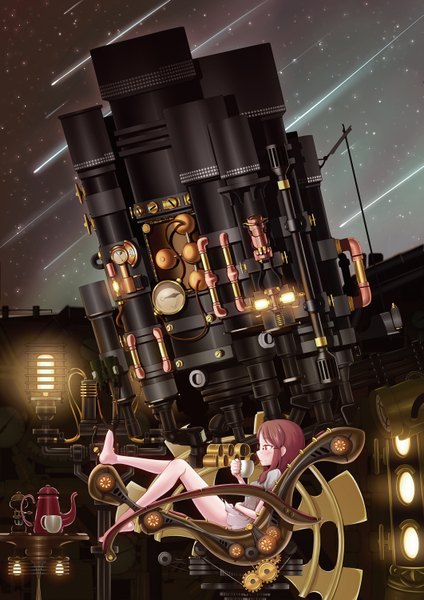 Anime picture 1061x1500 with pixiv festa tama (speedgrapher) single tall image red eyes brown hair sky night sky mechanical meteor rain girl cup teapot gears machine