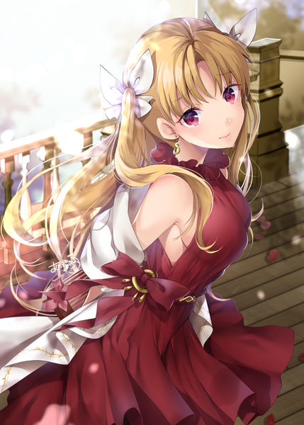 Anime picture 859x1200 with fate (series) fate/grand order ereshkigal (fate) akatsuki hijiri single long hair tall image looking at viewer blush fringe breasts blonde hair red eyes standing bare shoulders holding signed ahoge outdoors head tilt