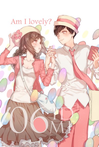 Anime picture 1228x1819 with osomatsu-san matsuno todomatsu todoko (osomatsu-san) zuizi long hair tall image blush short hair red eyes brown hair payot braid (braids) couple twin braids text holding hands english eye contact question girl