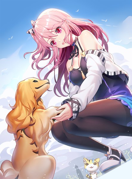 Anime picture 887x1200 with original emily stock ririko (zhuoyandesailaer) single long hair tall image blush fringe breasts open mouth smile hair between eyes payot pink hair sky cleavage cloud (clouds) outdoors pink eyes off shoulder