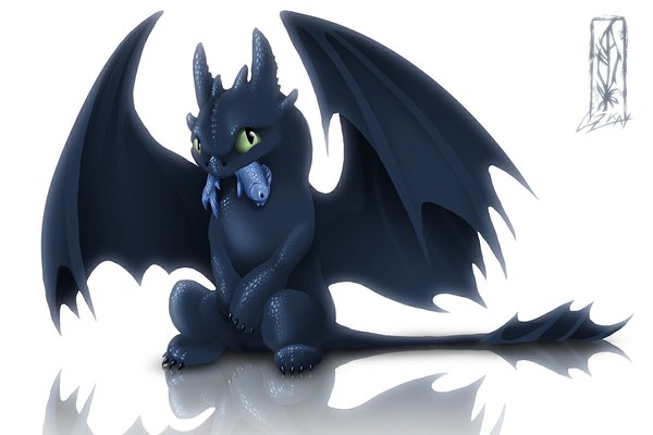 Anime picture 1080x720 with how to train your dragon dreamworks toothless simple background white background green eyes animal ears looking away tail reflection no people dragon wings wings fish (fishes) dragon claws scales