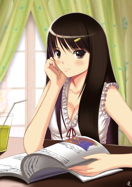 Anime picture 2893x4092 with original xiao lian single long hair tall image looking at viewer blush highres black hair brown eyes signed girl hair ornament hairclip book (books)