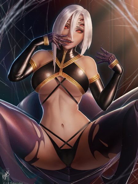 Anime picture 4500x6000 with monster musume no iru nichijou rachnera arachnera georgy stacker single tall image looking at viewer fringe highres short hair breasts open mouth light erotic smile hair between eyes red eyes large breasts signed absurdres white hair head tilt