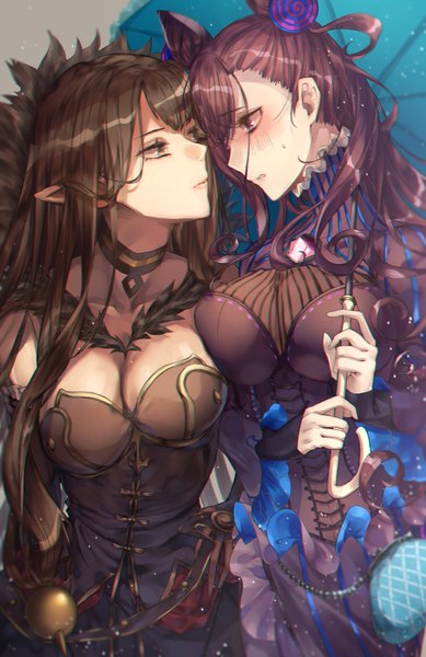 Anime picture 1532x2364 with fate (series) fate/grand order fate/apocrypha murasaki shikibu (fate) semiramis (fate) minami leo long hair tall image blush fringe breasts light erotic hair between eyes brown hair large breasts purple eyes multiple girls holding yellow eyes cleavage