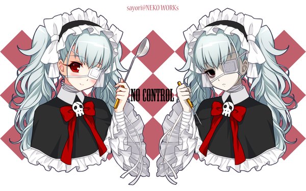 Anime picture 1920x1200 with axanael (game) long hair blush highres smile red eyes wide image twintails silver hair lolita fashion dual persona goth-loli girl frills hairband eyepatch