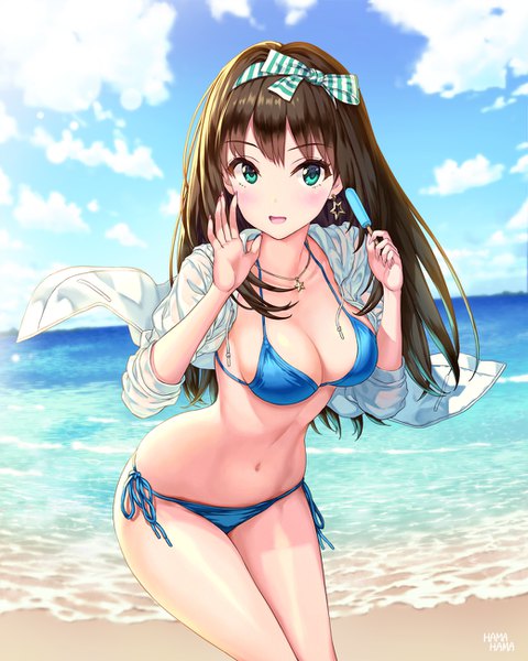 Anime picture 1040x1300 with idolmaster idolmaster cinderella girls shibuya rin hhama single long hair tall image looking at viewer blush fringe breasts open mouth light erotic smile brown hair large breasts standing holding green eyes signed
