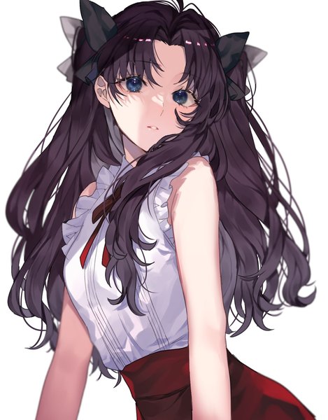 Anime picture 1371x1755 with fate (series) fate/stay night toosaka rin shimatori (sanyyyy) single long hair tall image looking at viewer fringe blue eyes black hair simple background white background bare shoulders upper body parted lips two side up alternate costume sleeveless girl