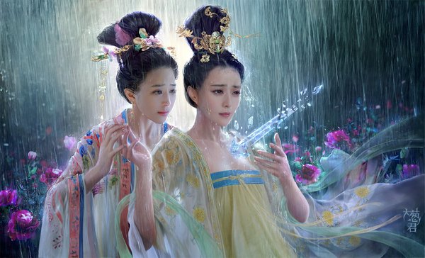 Anime picture 1481x900 with real life fan bingbing da congjun short hair black hair wide image multiple girls traditional clothes japanese clothes fingernails lips black eyes realistic wide sleeves wet rain sad broken weapon girl weapon