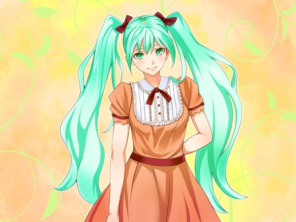 Anime picture 1500x1125 with vocaloid hatsune miku daishou (artist) single looking at viewer blush twintails very long hair aqua eyes aqua hair girl dress