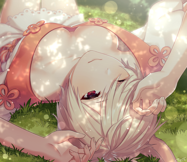 Anime picture 2744x2382 with final fantasy final fantasy xiv square enix miqo'te sakura chiyo (konachi000) single looking at viewer highres short hair breasts light erotic blonde hair red eyes signed animal ears cleavage outdoors lying one eye closed sunlight