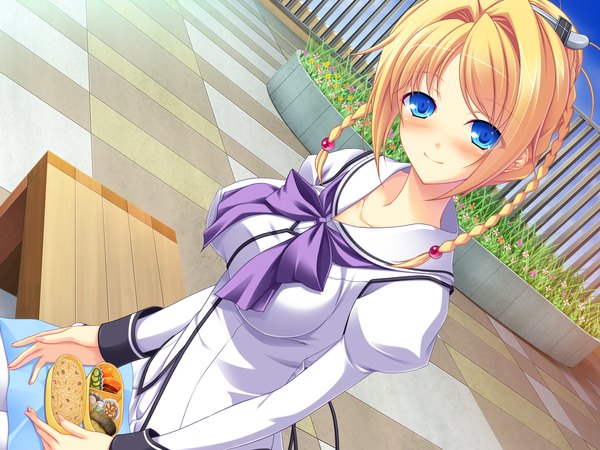 Anime picture 1600x1200 with nadeshiko ranbu blush breasts blue eyes light erotic blonde hair game cg checkered floor girl serafuku food bench