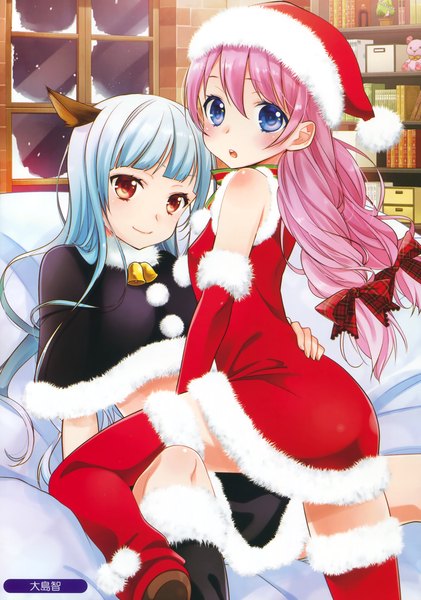 Anime picture 2315x3300 with original ooshima tomo long hair tall image looking at viewer blush highres open mouth blue eyes light erotic red eyes multiple girls blue hair pink hair scan fur trim christmas shoujo ai girl thighhighs