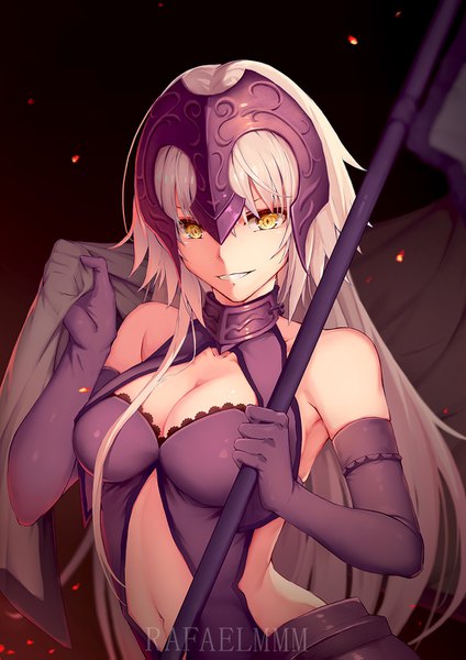 Anime-Bild 1000x1415 mit fate (series) fate/grand order jeanne d'arc (fate) (all) jeanne d'arc alter (fate) jeanne d'arc alter (avenger) (third ascension) (fate) rafael-m single long hair tall image looking at viewer fringe breasts light erotic simple background smile hair between eyes bare shoulders holding signed yellow eyes