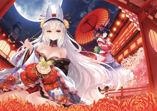 Anime picture 3300x2338 with original eshi 100-nin ten yashima takahiro long hair looking at viewer highres short hair breasts light erotic black hair red eyes sitting bare shoulders multiple girls brown eyes animal ears absurdres cleavage white hair traditional clothes