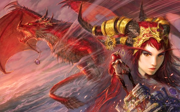 Anime picture 1440x900 with world of warcraft blizzard entertainment alexstrasza long hair light erotic wide image red hair tail horn (horns) orange eyes ruins demon dragon girl girl gloves underwear panties wings elbow gloves crown