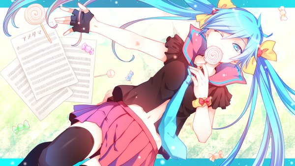 Anime picture 1280x720 with vocaloid hatsune miku jyuru single long hair blue eyes wide image twintails blue hair one eye closed wink zettai ryouiki girl thighhighs skirt bow black thighhighs hair bow miniskirt necktie