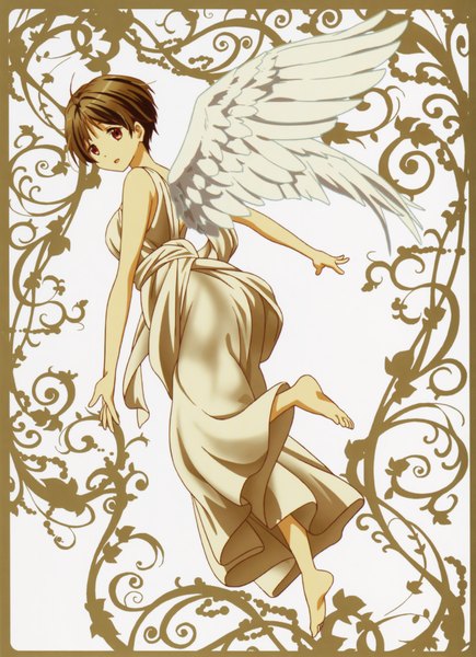 Anime picture 3143x4327 with chuunibyou demo koi ga shitai! kyoto animation tsuyuri kumin tagme (artist) single tall image highres short hair brown hair brown eyes absurdres traditional clothes looking back barefoot turning head flying angel wings white wings angel girl