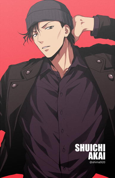 Anime picture 600x930 with detective conan akai shuuichi mashima shima single tall image looking at viewer fringe short hair black hair simple background hair between eyes signed upper body parted lips grey eyes character names twitter username arm behind head red background boy
