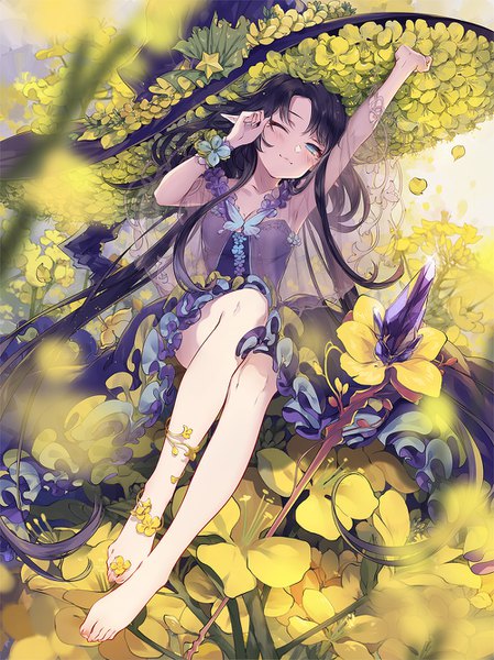 Anime picture 1000x1336 with shadowverse kieta single tall image looking at viewer blush fringe breasts blue eyes black hair sitting cleavage full body very long hair one eye closed barefoot arm up pointy ears armpit (armpits) :3