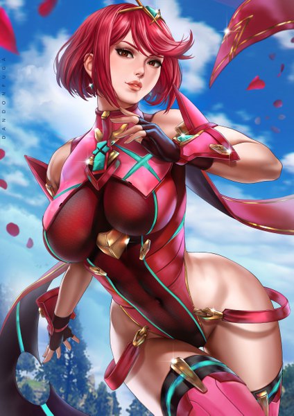Anime picture 3508x4961 with xenoblade xenoblade 2 pyra (xenoblade) dandon fuga single tall image looking at viewer fringe highres short hair breasts light erotic large breasts bare shoulders brown eyes signed payot absurdres sky cloud (clouds)