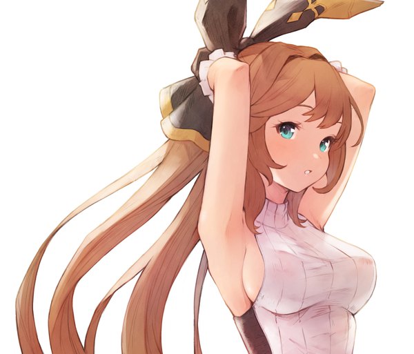 Anime picture 2171x1859 with granblue fantasy clarisse (granblue fantasy) koretsuki azuma single long hair looking at viewer blush fringe highres breasts light erotic simple background hair between eyes standing white background upper body ponytail parted lips aqua eyes orange hair