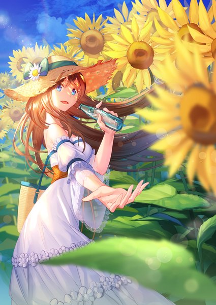 Anime picture 717x1012 with original mt (ringofive) single long hair tall image blue eyes brown hair bare shoulders outdoors wind shaded face outstretched hand summer girl dress flower (flowers) bow hat detached sleeves white dress