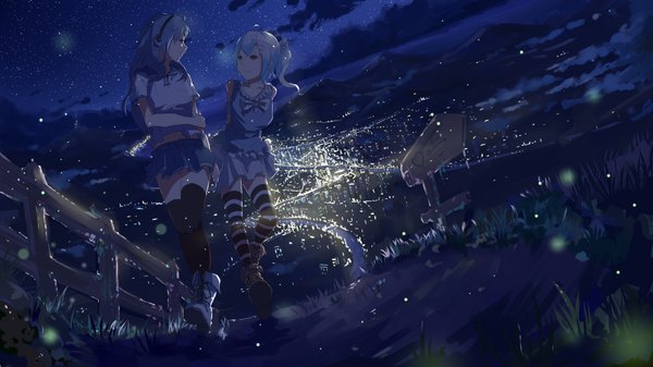 Anime picture 1920x1080 with bilibili douga bili girl 33 bili girl 22 yuuume long hair highres smile red eyes wide image multiple girls looking away purple hair cloud (clouds) ahoge bent knee (knees) pleated skirt night leaning zettai ryouiki leaning forward