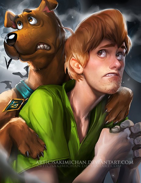 Anime picture 695x900 with scooby-doo scooby-doo (character) shaggy rogers sakimichan tall image short hair brown hair brown eyes signed realistic watermark boy animal collar dog beard bat